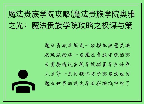 魔法贵族学院攻略(魔法贵族学院奥雅之光：魔法贵族学院攻略之权谋与策略)